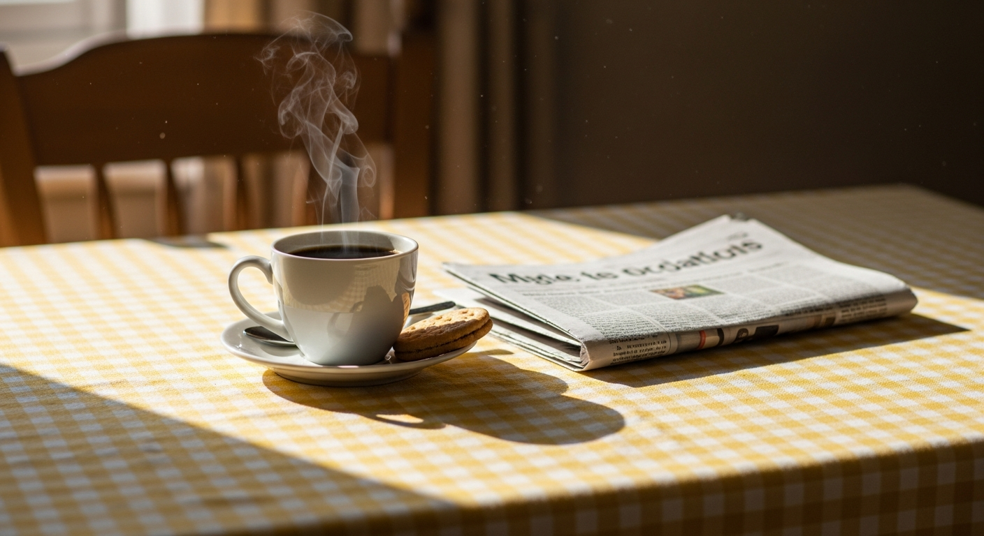 A cup of coffee and a folded newspaper on a sunny kitchen table in the morning.