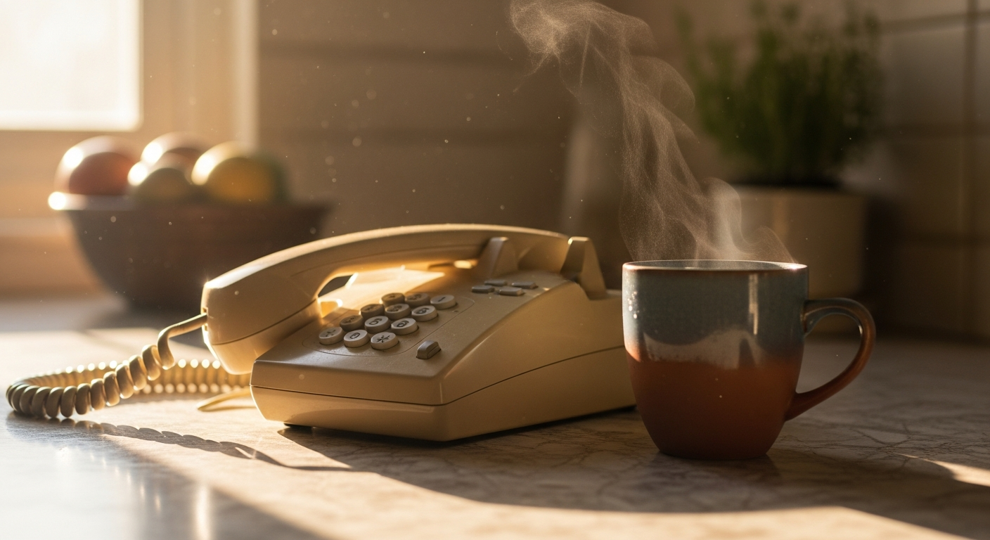 A home telephone beside a cup of coffee on a kitchen counter in soft morning light.