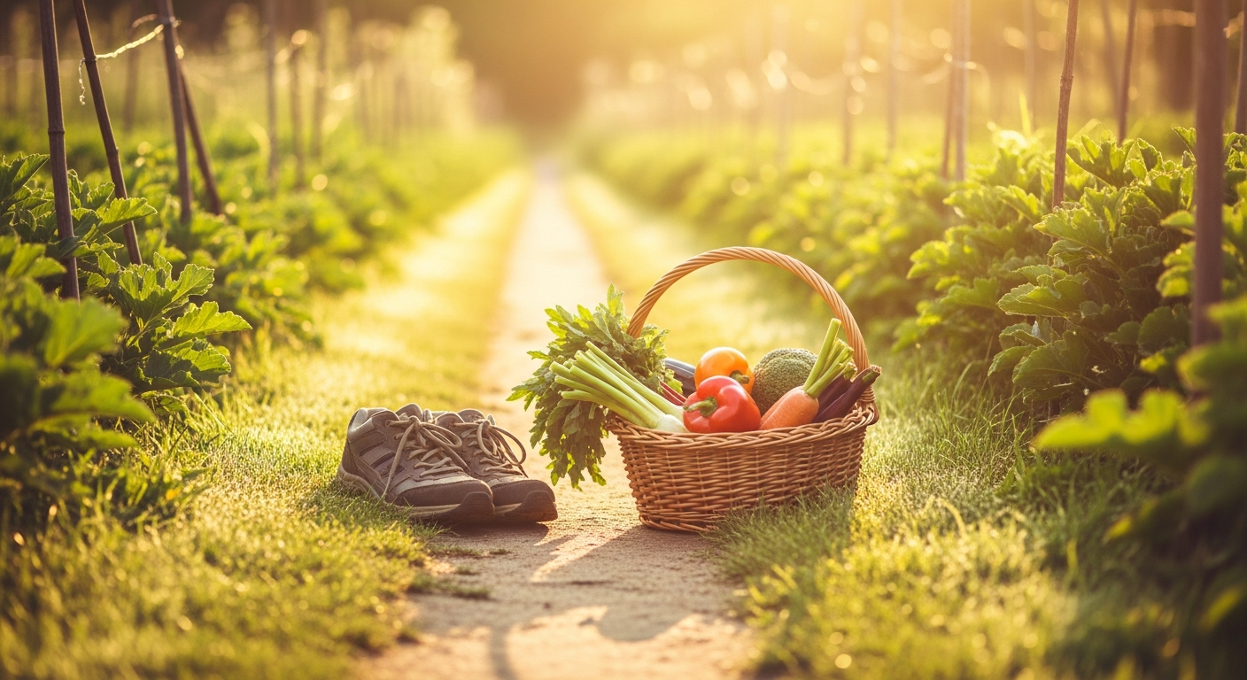 A sunlit garden path with fresh vegetables and walking shoes nearby in the morning light.