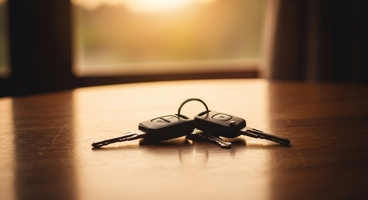 A set of car keys resting on a wooden table beside a window at golden hour.