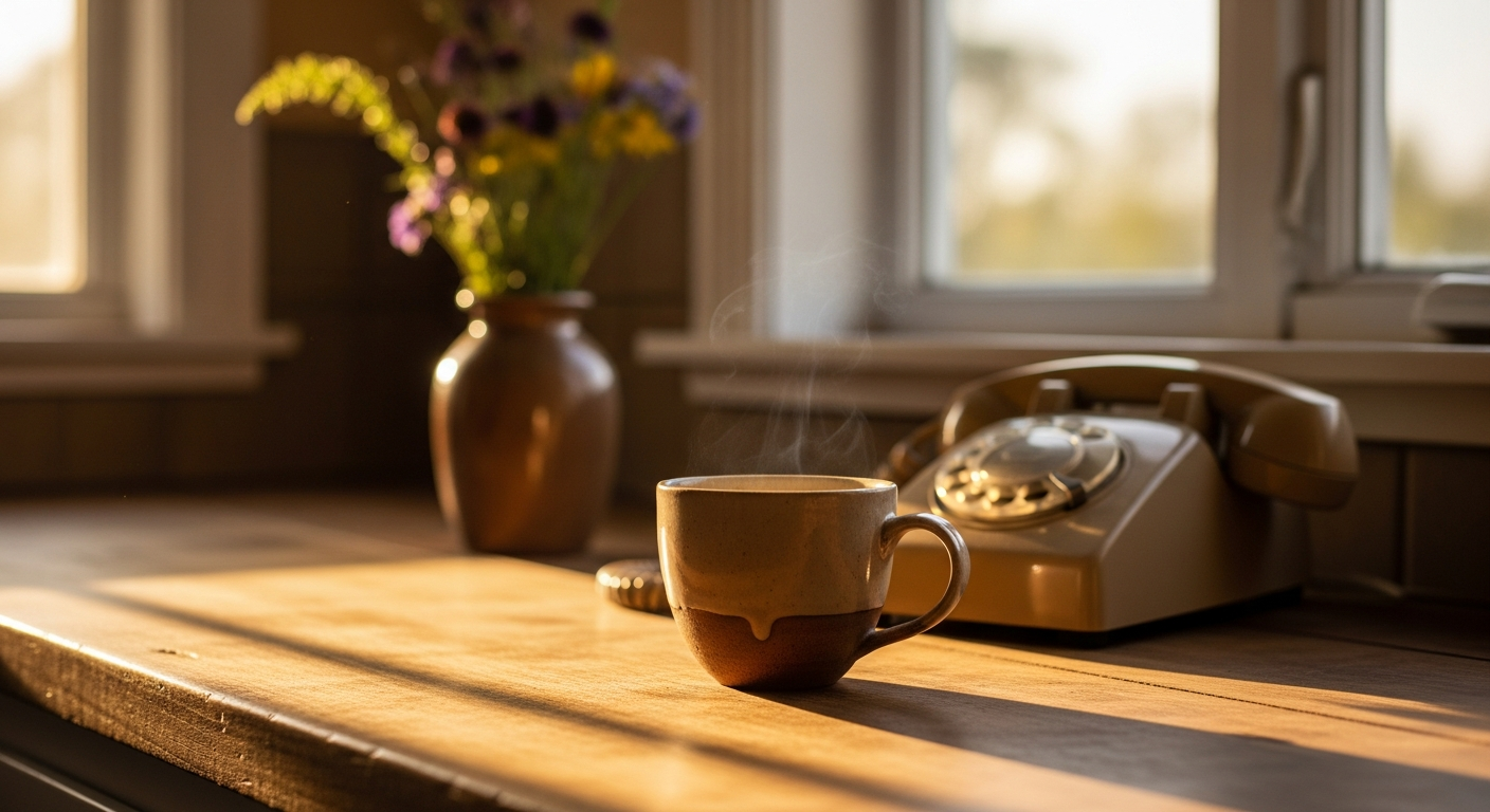 Warm late-afternoon light falling across a quiet kitchen, a single coffee cup on the counter and a phone beside it.