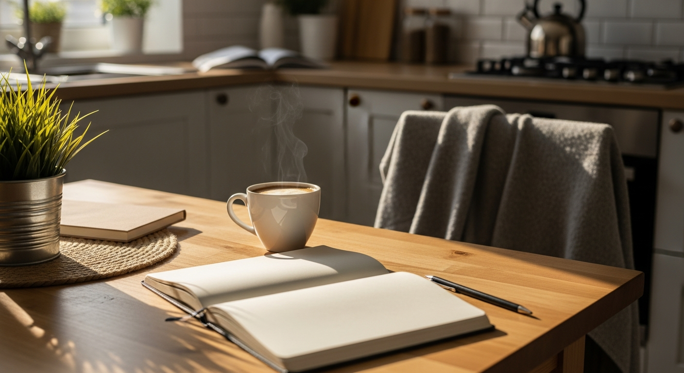 A cup of coffee and an open notebook on a cozy kitchen table in soft afternoon light.